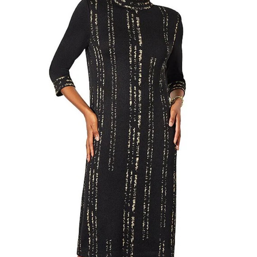 Ming Wang Black and Silver Sheath Dress with Mock Neck